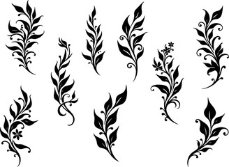 Tribal Floral Tattoo Design Vector Set in Black Silhouette
