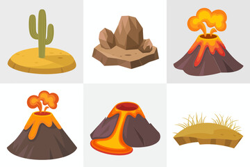Volcano eruption icon set, magma cone vector, ash plume illustration, lava stream clipart, geology landscape elements