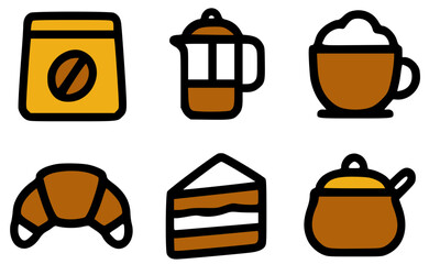 Simple line art icons depicting coffee, coffee accessories, and pastries.