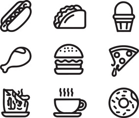 Collection of nine black and white outline icons representing various fast food items food icons hot dog vector EPS file download