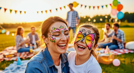 Mother and daughter with vibrant colorful flower and butterfly face paint. Parenting, outdoor birthday party, summer picnic, family holiday, children event, marketing campaigns concept. 