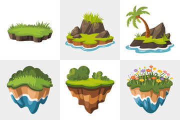 Sky island and cliff garden icons, airborne landscape vector, palm grove waterfall illustration, fantasy world map, poster ready design