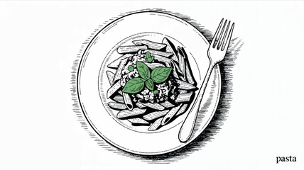 Hand drawn sketch of a delicious pasta dish on a white plate
