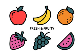 Cute fruit sticker icons, apple banana orange strawberry grapes watermelon vector, cartoon food illustration, fresh produce clipart, fun kitchen elements