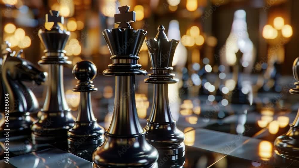 Poster a close-up shot of chess pieces arranged on a table, ideal for uses in strategy or board game relate