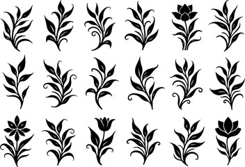 Tribal Floral Tattoo Design Vector Set in Black Silhouette
