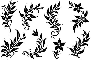 Tribal Floral Tattoo Design Vector Set in Black Silhouette