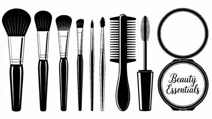 Black and white illustration of diverse makeup and beauty tools arranged horizontally