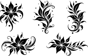 Tribal Floral Tattoo Design Vector Set in Black Silhouette