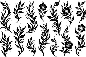 Tribal Floral Tattoo Design Vector Set in Black Silhouette