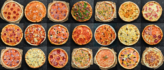 Pizza collection, large set of various pizzas. Italian cuisine. Photo collage.