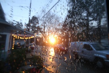 Raindrops on a window, sunset view (1)