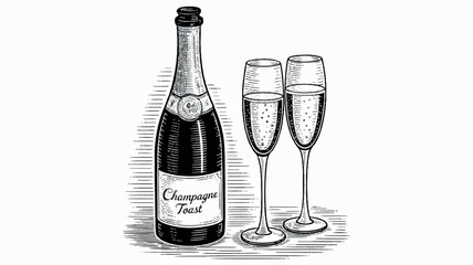 Black and white woodcut illustration of a champagne bottle and two flutes
