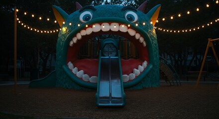 Children’s playground (empty) at dusk; the main slide decorated as a monster mouth