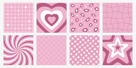 Retro abstract background  set, y2k shapes and grids, distorted geometrical patterns, cute wallpaper and cards. Vector illustration.