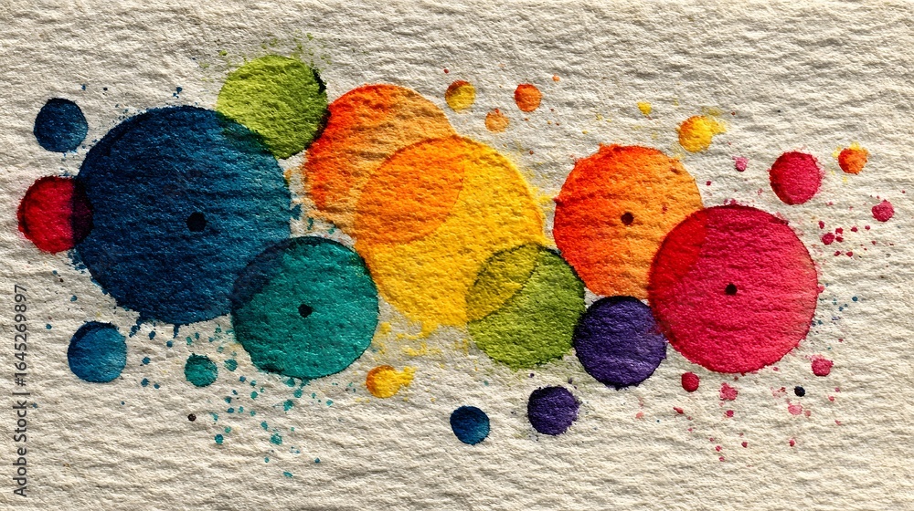 Poster colorful and expressive abstract artwork featuring a dynamic composition of paint splashes dots and 