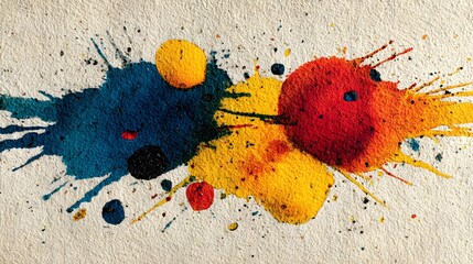 Colorful and expressive abstract painting with dynamic paint splatter and brush strokes creating a lively and creative composition