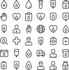 Collection of hand drawn icons representing blood donation medical care and health services perfect for healthcare campaigns and awareness materials