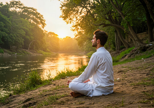 A peaceful Indian man meditating in traditional white attire by