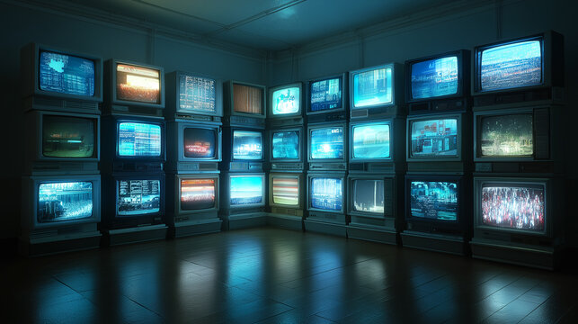 Digital artistry showcase vintage television displays urban gallery photography contemporary setting wide-angle view retro aesthetics