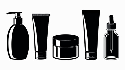 Collection of black silhouette cosmetic and skincare product icons arranged on a white background