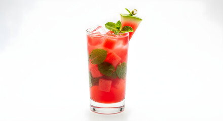 Refreshing watermelon mojito with ice cubes and mint leaves, summer drink