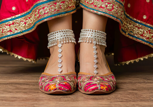 A close-up of a person's feet adorned with elegant silver anklets and vibrant embroidered Indian Jutti, showcasing traditional festive wear.