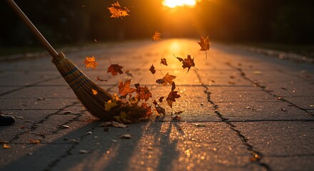 A Golden Whirl of Autumn Leaves Swept by a Broom in Sunset's Glow