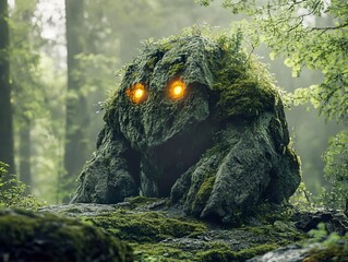 Stone golem guardian covered in moss glowing eyes ancient forest protector