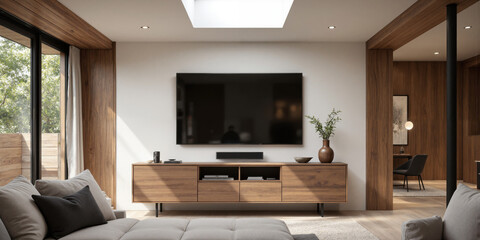 Living Room Interior TV Wooden Cabinet Modern Home with Skylight