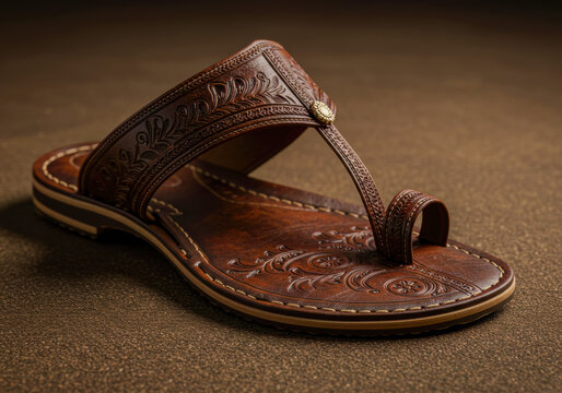 Artisan Crafted Kolhapuri Chappal: Traditional Indian Brown Leather Sandal with Detailed Embossed Motifs and Embellishments