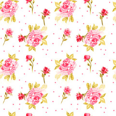 Watercolor Floral Arrangement Seamless Pattern, Pink Roses and Polka Dots on White