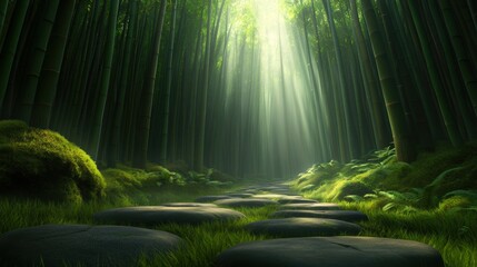 Lush bamboo forest with sunlight filtering through trees creates a tranquil atmosphere, perfect for wellness, meditation, or nature-related projects, Ideal for backgrounds, prints, or wellness themes
