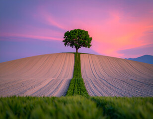 Vibrant purple sunset over plowed field with single tree. Generative AI