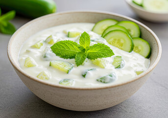 Vibrant Indian Raita featuring creamy yogurt, diced cucumber pieces, and a fragrant sprig of green mint leaves.