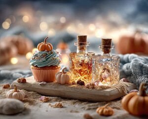 Witch under the stars, pumpkin treats Halloween