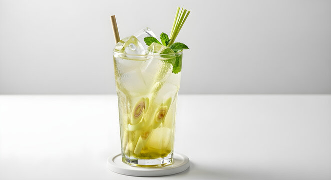 Refreshing lemongrass beverage with ice, mint, and a straw