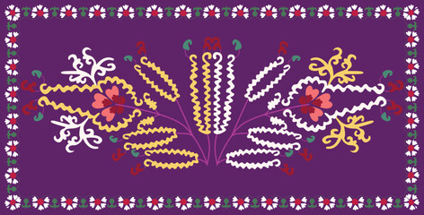 Suzani or suzane - Uzbek pattern carpet, spread in Central Asia, traditional textile product, using now in home decor and fashion industry, embroidery product
