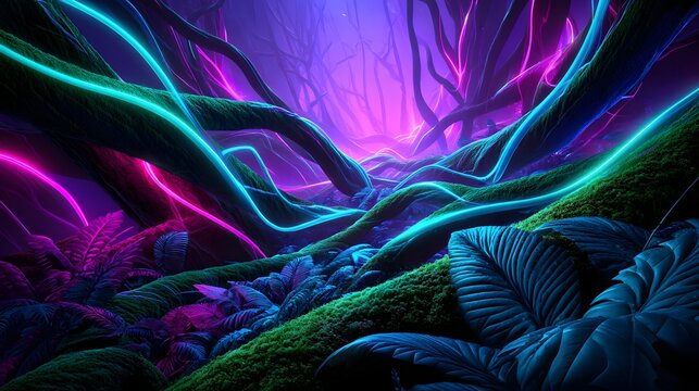 Farbintensive Neonwurzeln und Ranken im verzauberten Wald
