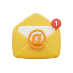 Yellow envelope with email symbol and notification badge isolated on transparent background