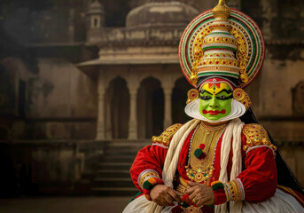 Vibrant Kathakali Dancer Adorned in Elaborate Costume and Green