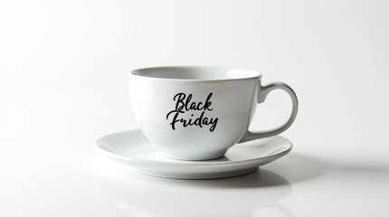 Fototapeta premium A white ceramic cup with the words black friday written on it, sitting on a saucer, isolated on white background, perfect for advertising sales and discounts during the holiday season