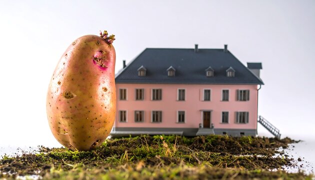 Sprouting Potato and Pink House: A Surreal Miniature Landscape Concept
