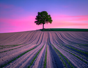 Vibrant purple sunset over plowed field with single tree. Generative AI