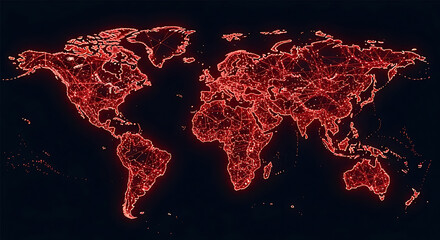 Glowing red world map digital alert visualization with global warning signals, network lines, and cybersecurity threat indicators
