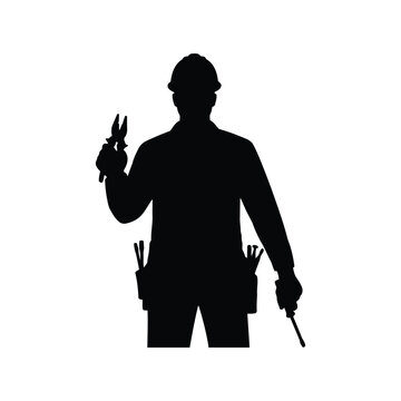 recommend clip art: Silhouette of electrician with tools construction worker safety helmet professional isolated