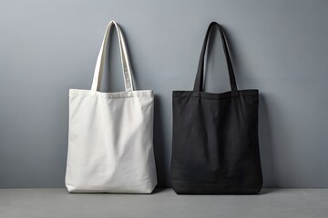Black and white cotton tote bags mockup against neutral background