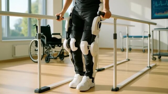 Individual using advanced robotic exoskeleton for rehabilitation, supported by parallel bars in a bright therapy room, showcasing innovative technology and determination in physical recovery