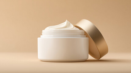 A minimalistic composition of a white cream jar with lid, showcasing a subtle creamy texture, bathed in soft natural light, placed on a neutral beige surface.
