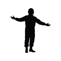 Silhouette of pilot with arms outstretched aviation welcome gesture isolated on white